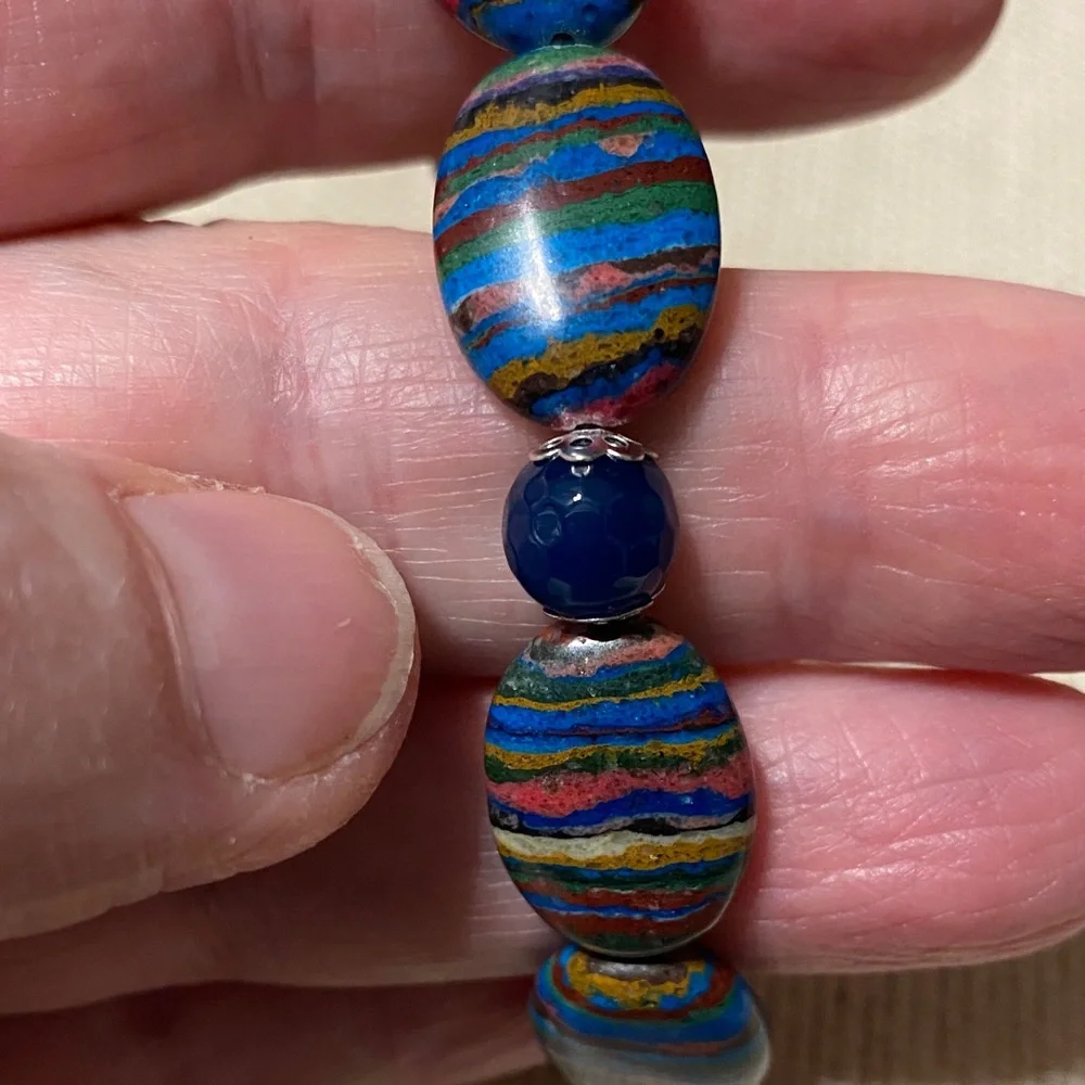 Natural genuine Rainbow Calsillica gemstone artisan Beaded 7.5” Bracelet